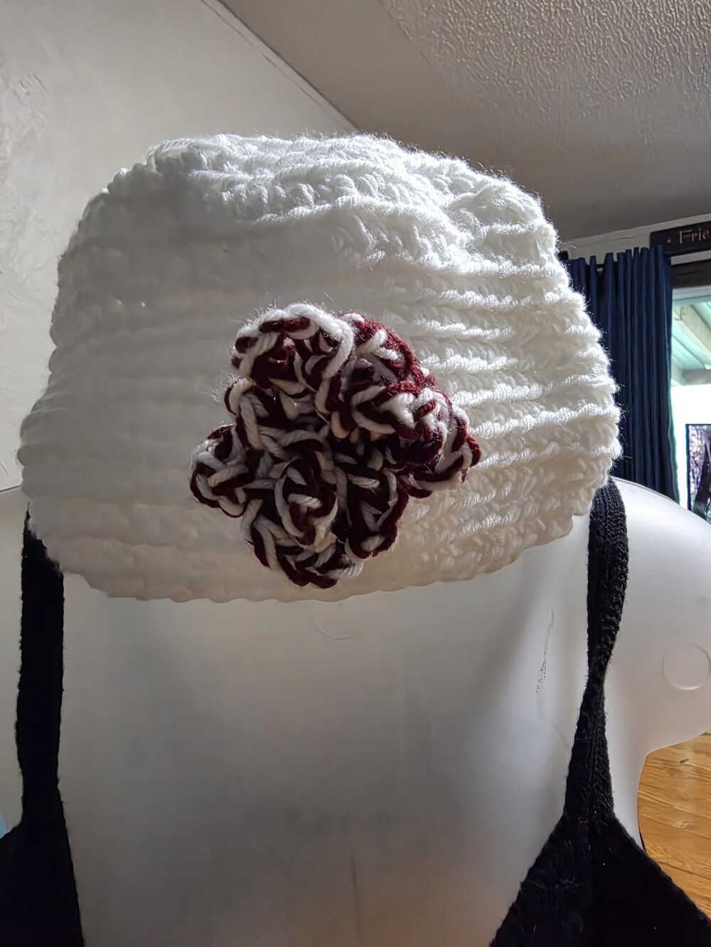 Hamdmade White Knit Crochet Beanie with Burgundy Accent Flower NEW